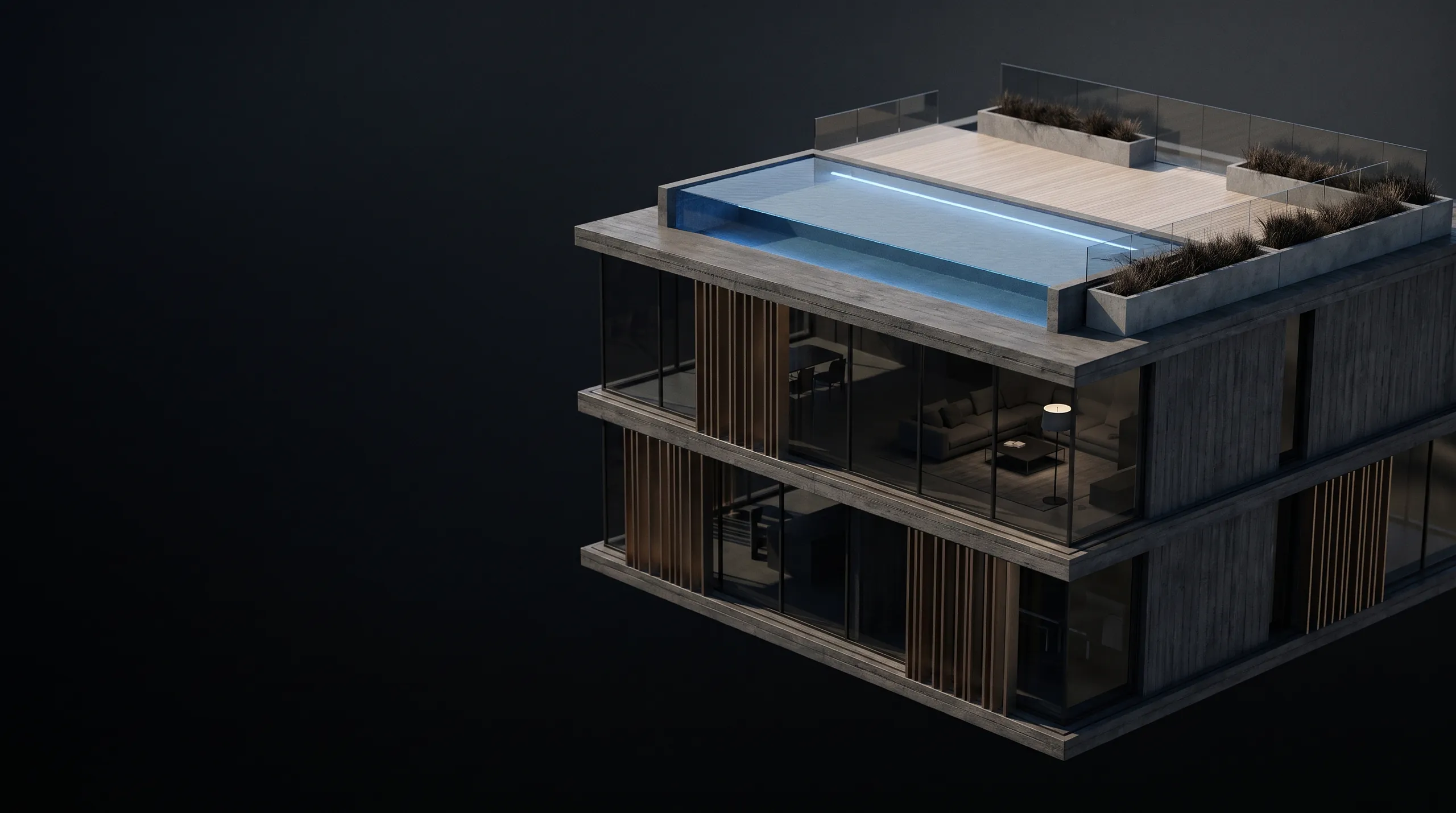 Cobertura de um edifício contemporâneo vista de cima, com piscina, deck de madeira e amplas superfícies de vidro.